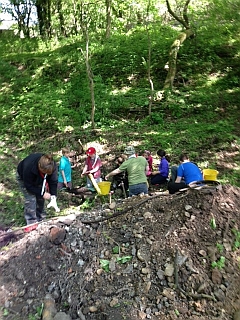 Volunteers work on the huge stone steam engine beds